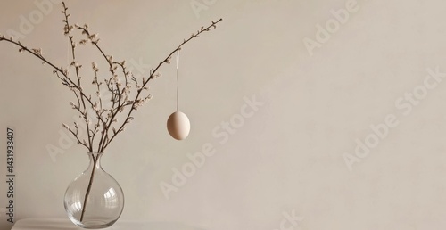 Obraz na płótnie A minimalistic vase with a twig and a hanging egg creates a calming atmosphere. Simple details evoke a sense of peace. Perfect for home decor and Easter themes. AI w salonie