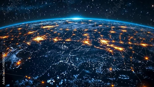 Global interconnectedness at night.  Vast network of lights on a globe