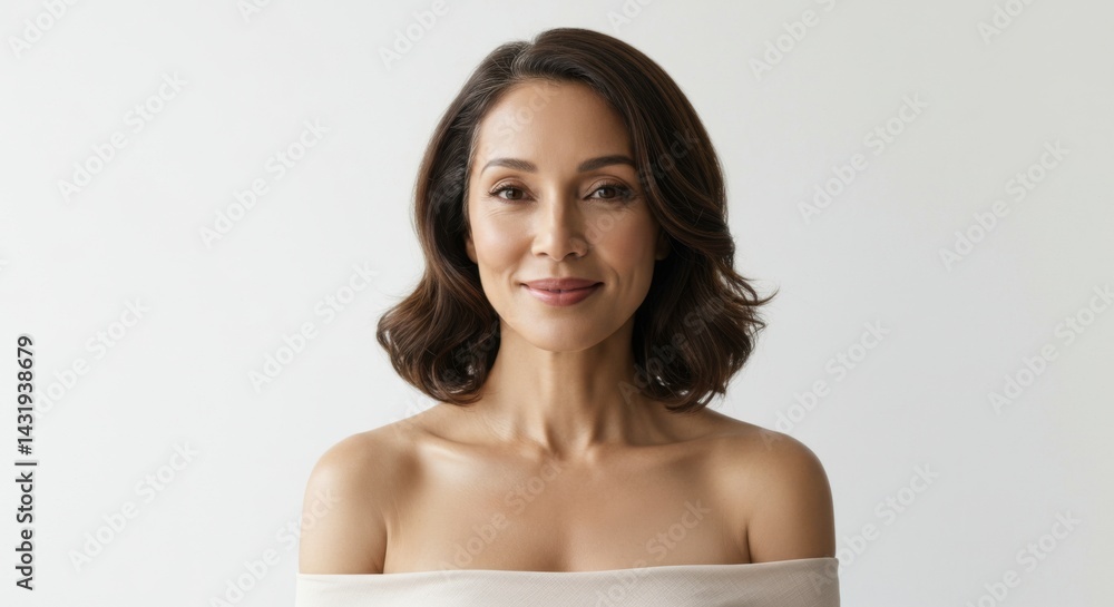 Portrait of smiling woman in off-shoulder top against white background