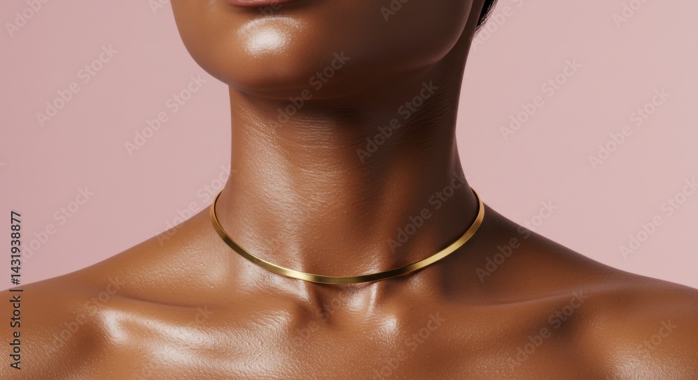 Elegant gold necklace on woman's neck against soft pink background