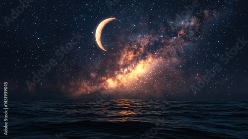 Celestial dreamscape nebulae and the moon over ocean digital art night sky surreal viewpoint