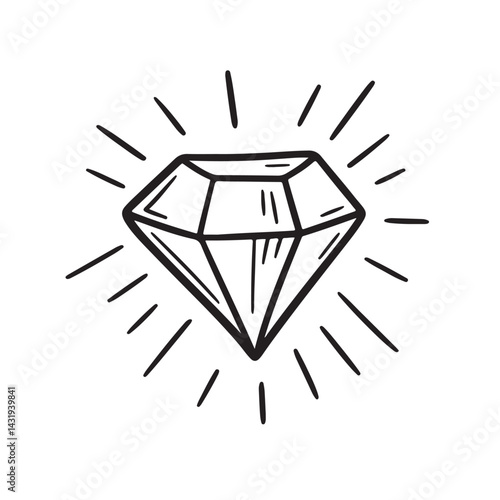 Black and white hand-drawn diamond icon with sparkles. Minimalist linear gem illustration on white background