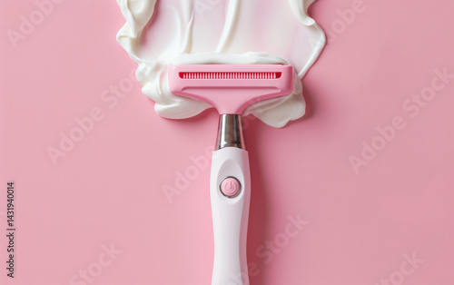 Beauty product composition with an electric razor surrounded by shaving foam on pastel pink background, focusing on feminine grooming and skincare.