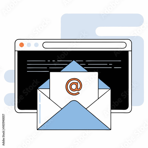 A new message arrives, a digital envelope pops up on a computer screen, bringing exciting news and connection, with a simple, clean design and pastel color palette.