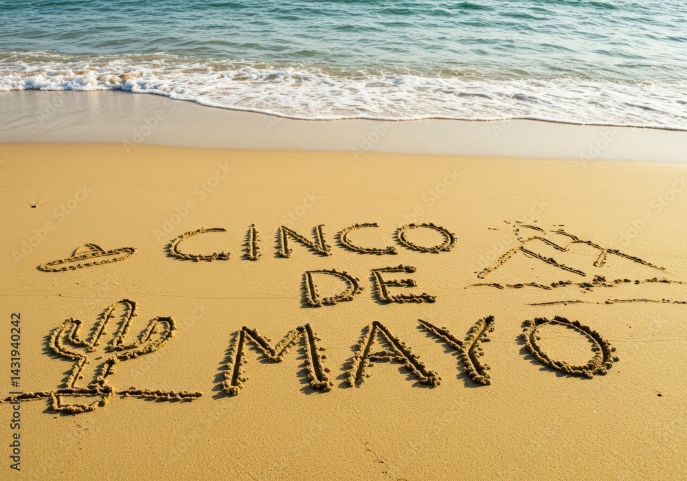 Fototapeta premium Cinco de Mayo message etched in sand on a sun-kissed beach, next to the ocean waves.