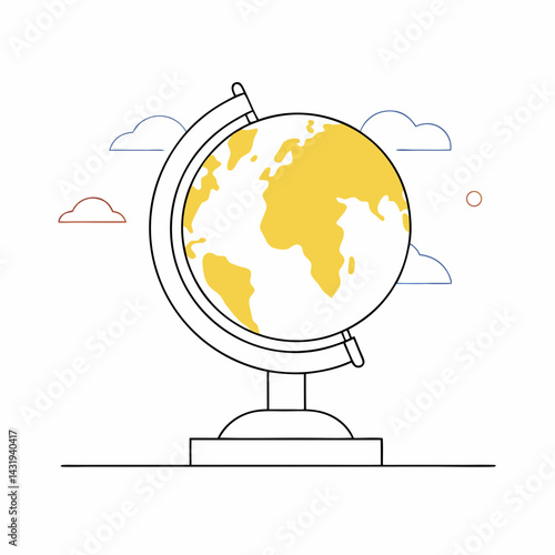 A sunny yellow globe rests on a stand against a simple, cloud-filled sky, symbolizing global exploration and discovery in a minimalist line art style.