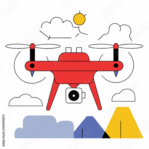 A vibrant red drone soars through a sunny sky above picturesque mountains, capturing breathtaking aerial views with a simple, bold design.