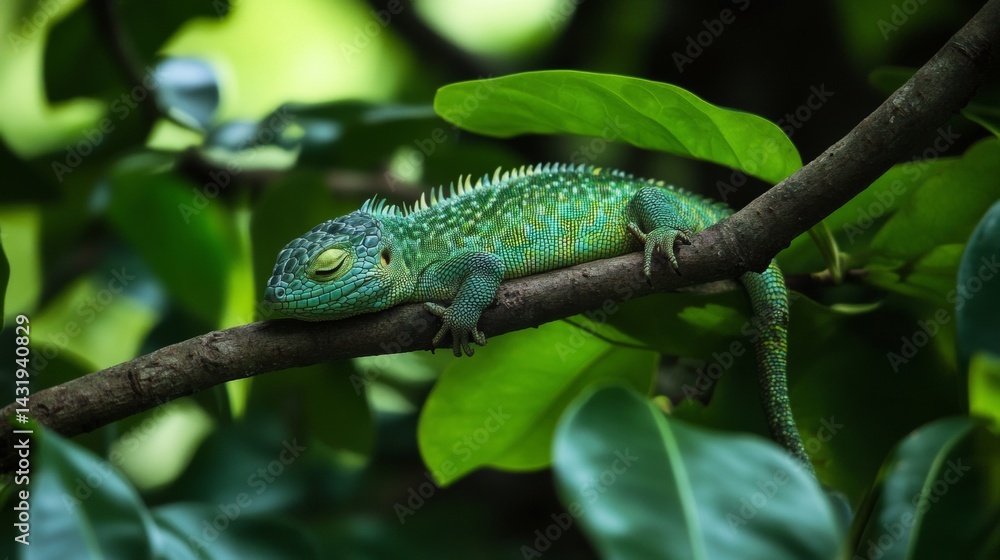 Fototapeta premium Green chameleon rests on a tree branch among green leaves