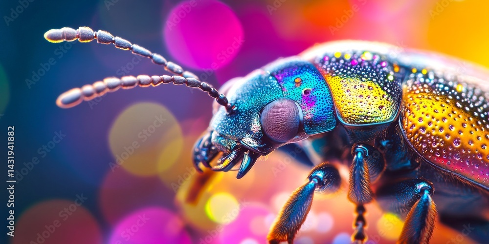 A vibrant close-up of a colorful insect capturing intricate details. The shiny body displays bright hues and patterns, creating a playful effect. Perfect for nature and science themes. AI