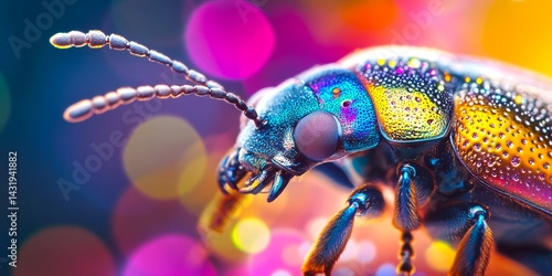 Obraz na płótnie A vibrant close-up of a colorful insect capturing intricate details. The shiny body displays bright hues and patterns, creating a playful effect. Perfect for nature and science themes. AI w salonie