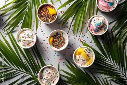 A wide angle shot of a Frozen yogurt cups with sprinkles and fruit toppings, surrounded by palm leaves