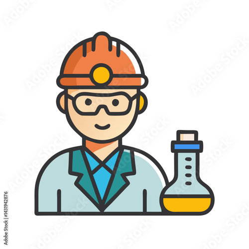 Scientist Cartoon Character with Beaker and Hard Hat