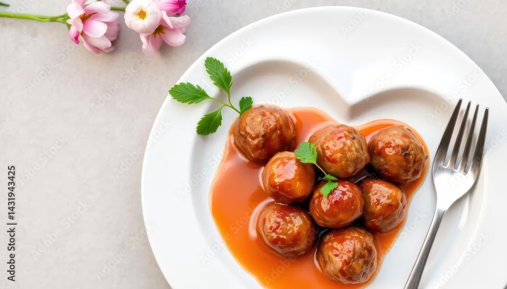 Heart-shaped plate of meatballs in tomato sauce Heart-shaped plate of meatballs in tomato sauce