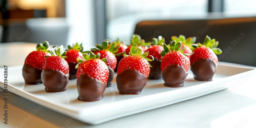 Delicious chocolate dipped strawberries arranged on a white plate. A sweet treat perfect for any occasion. This image showcases gourmet dessert styling and appetizing presentation. AI