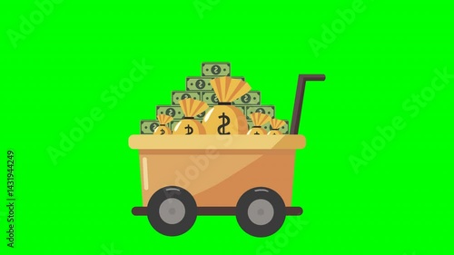 cartoon handcart overflowing with money bags and stacks of cash. green background 4k animation video