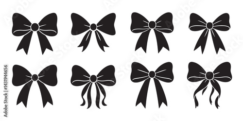 Set of black bow silhouettes in decorative flat style. Simple and elegant shapes. Isolated on white background