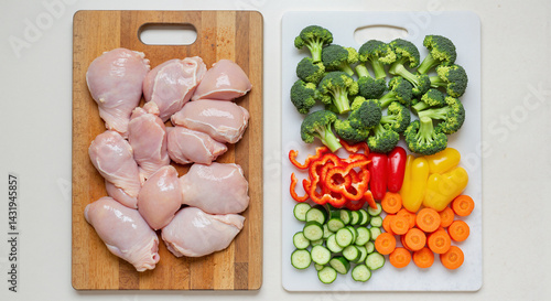 Top-down view of raw chicken and fresh vegetables separated on cutting boards on clean kitchen surface, bright lighting, concept of cross-contamination prevention
