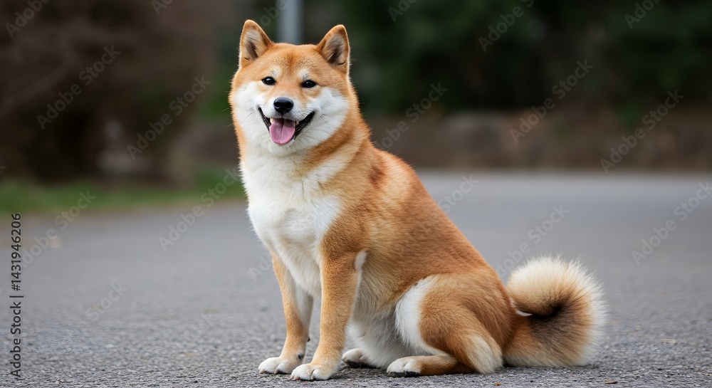 Shiba Inu sitting happily with tail curled Shiba Inu sitting happily with tail curled
