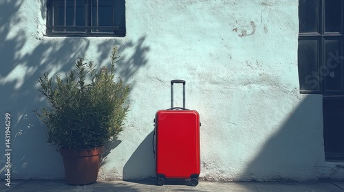 Red Suitcase Against a Light Blue Wall: A Journey's Beginning