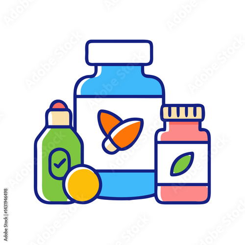 Supplements and Vitamins Bottles Vector Illustration on Black