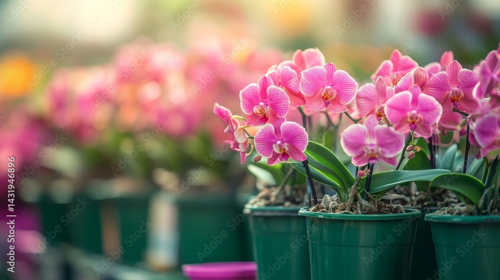 A group of pink orchids in green pots, placed on stands in a garden plant shop, blooming plants ready for sale A group of pink orchids in green pots, placed on stands in a garden plant shop, blooming plants ready for sale