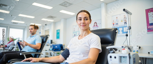 Relaxed individual donating blood in clean clinic, community health