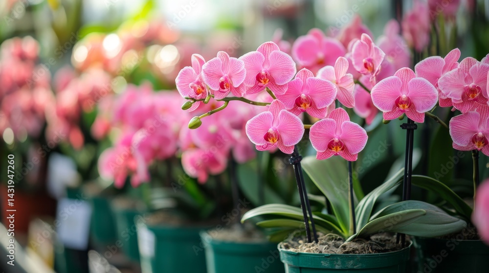 A group of pink orchids in green pots, placed on stands in a garden plant shop, blooming plants ready for sale A group of pink orchids in green pots, placed on stands in a garden plant shop, blooming plants ready for sale