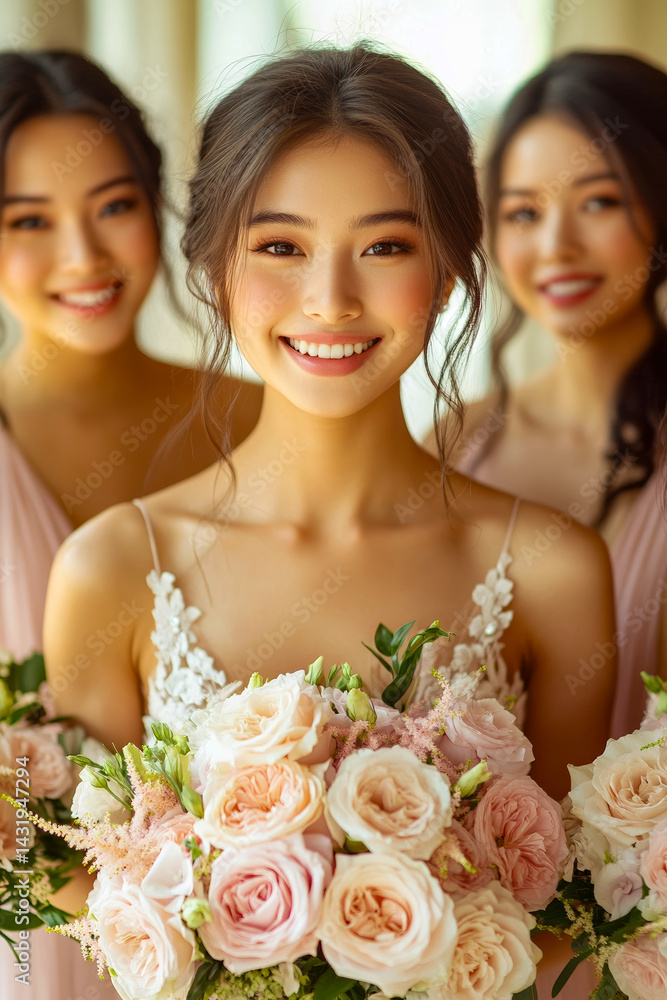 A bride and her bridesmaids are smiling and holding a bouquet of flowers A bride and her bridesmaids are smiling and holding a bouquet of flowers