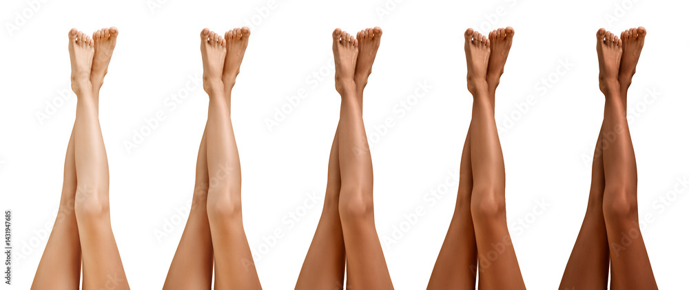 Women showing legs with smooth skin after epilation procedure on white background, closeup. Collage of photos showing different skin tones
