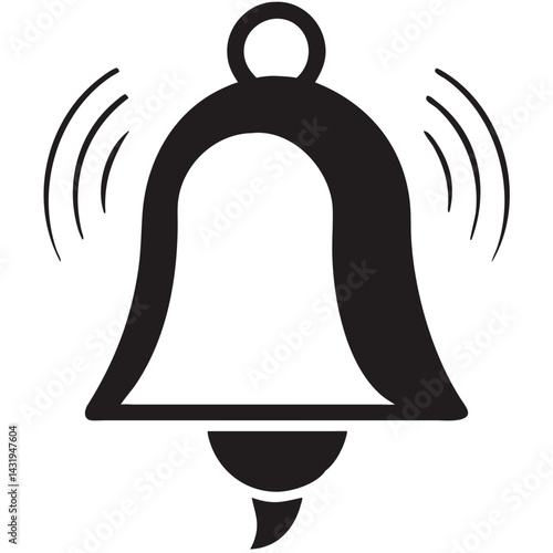 A ringing bell announces urgent news, a stark black silhouette against a white background, simple yet impactful.