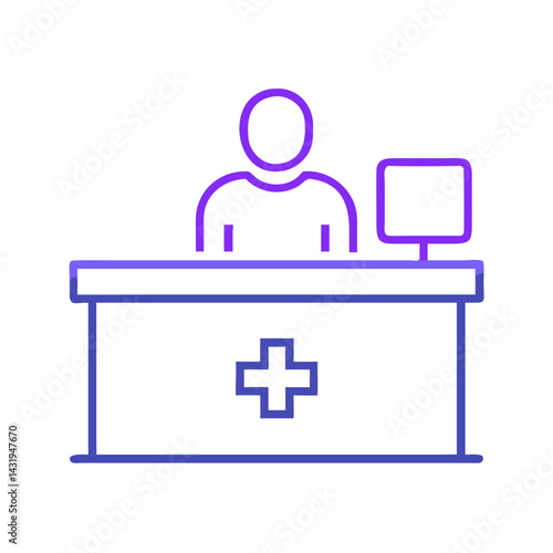 Neon doctor reception desk icon on black background