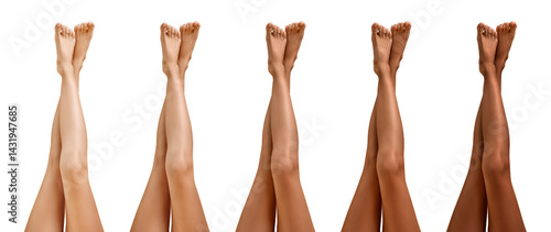 Obraz na płótnie Women showing legs with smooth skin after epilation procedure on white background, closeup. Collage of photos showing different skin tones w salonie