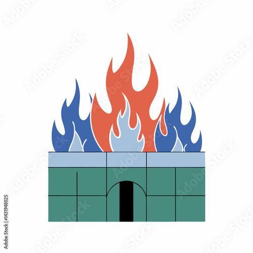 Fiery Heart Burning Brightly Within a Teal Brick Structure, a bold graphic design.