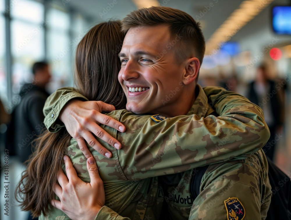 The image shows a person in a camouflage uniform hugging another person, both smiling and enjoying the moment