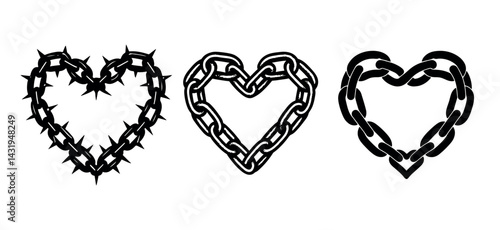 Set of hand-drawn heart shapes made of chains and thorns in bold gothic style, black outline isolated on white background