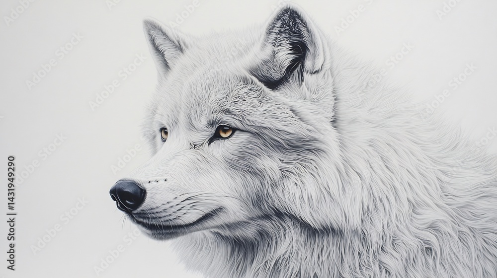 Naklejka premium Majestic white wolf head slightly turned fur thick and well detailed piercing gaze white background hyper realistic details