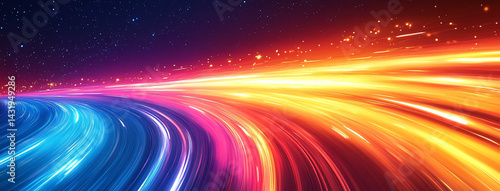 Beautiful colorful long exposure light streaks with blue pink and orange curves on a dark blue canvas. 