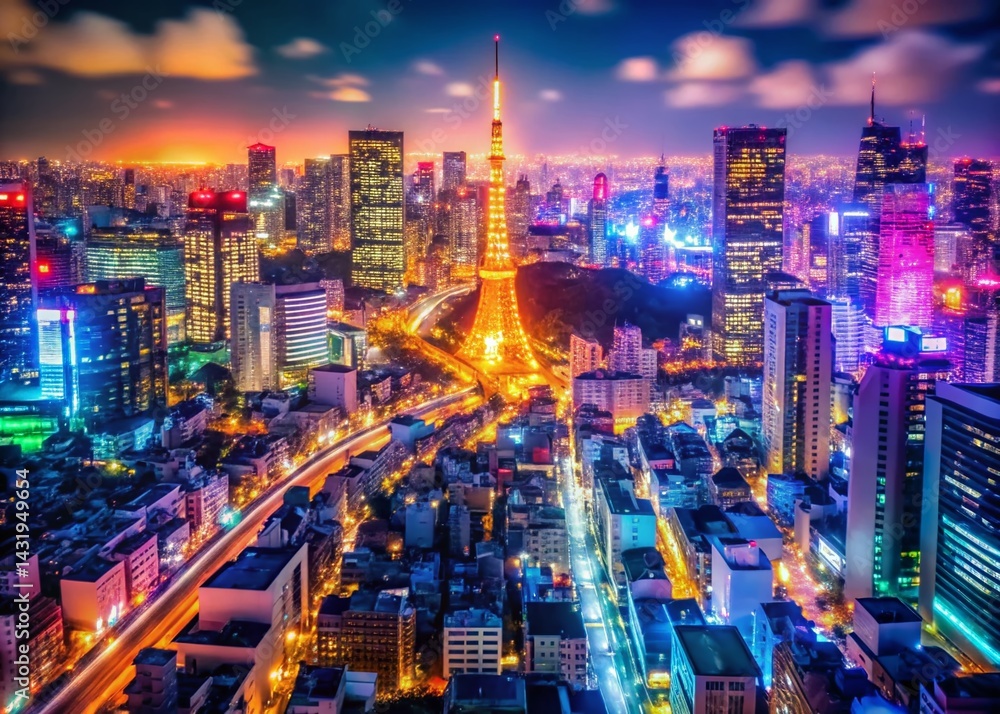 Obraz premium Vibrant Tokyo Cityscape at Night, Bokeh Lights, Japanese City, Urban Night Scene, Tokyo Skyline