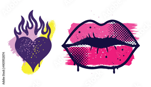 Flaming heart and dripping lips in pop art style with halftone textures and bold colors. Isolated on white background