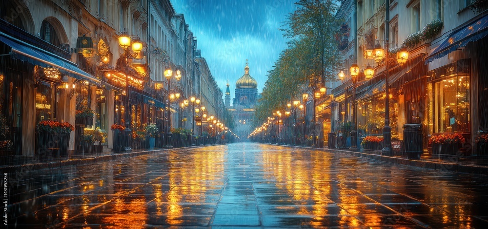 Fototapeta premium Rainy Night in Saint Petersburg: A Cityscape of Golden Lights and Reflections