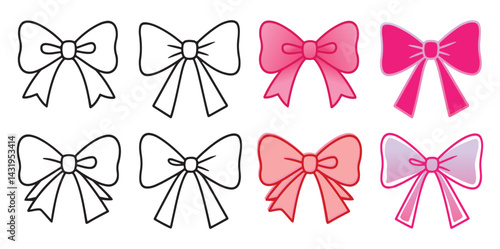 Cute pink bow set in cartoon style with outlined and gradient versions. Girly, decorative look. Isolated on white background