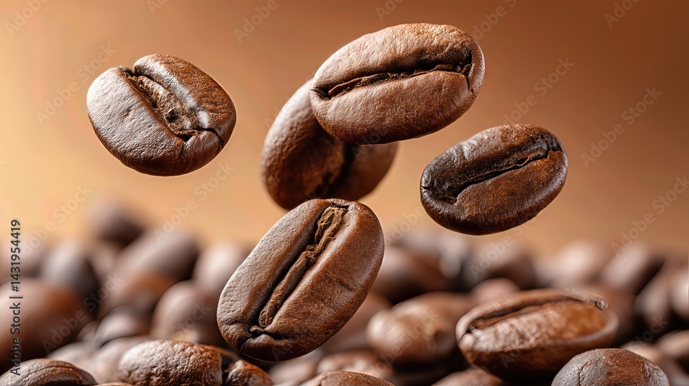 Fototapeta premium Suspended in motion, the beans hint at gourmet mornings filled with bold coffee flavor.