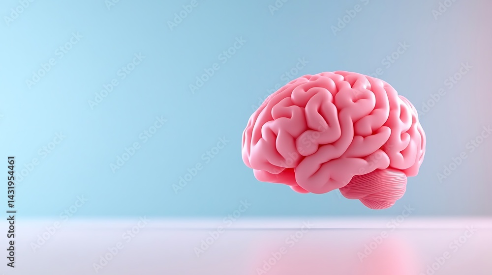 Pink Human Brain 3D Render on Soft Blue Background Pink Human Brain 3D Render on Soft Blue Background
