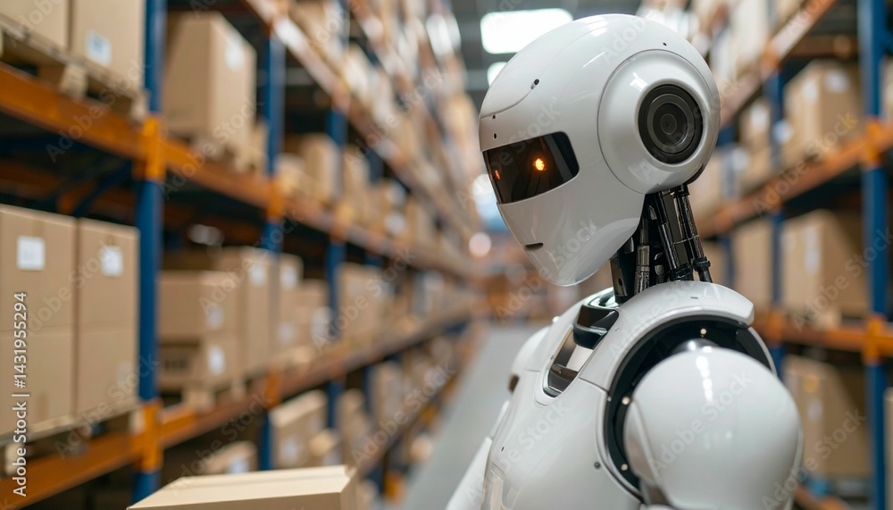 Fototapeta premium AI agent working with packages in a modern warehouse.