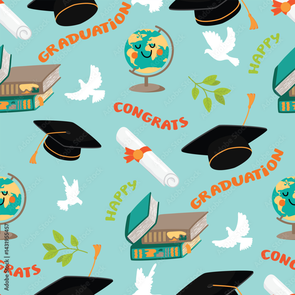 Naklejka premium Happy Graduation Day seamless pattern with academic caps, textbooks, diploma, globe, green branch and flying doves. Colorful background with hand written. Vector design for textile, wallpaper, cover.s