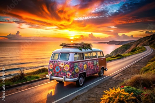 Vintage Camper Van Coastal Sunset Flower Peace Sign Retro Road Trip T-Shirt Design