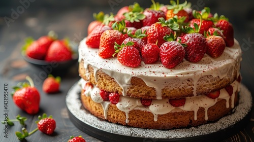 Wallpaper Mural Two-tiered cake topped with strawberries and whipped cream for a sweet treat Torontodigital.ca