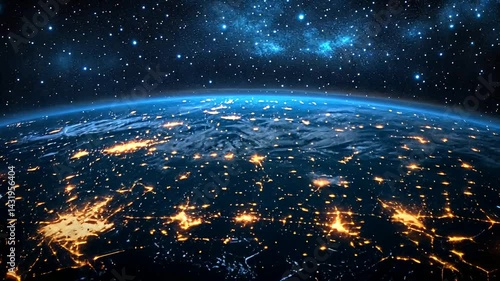 Earth at night, illuminated cities, cosmic background