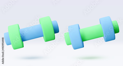 Blue and green Dumbbell Realistic icon, 3d render. Isolated on white backround. Sport And Fitness design set. Vector illustration for shop, flyer, banner, web, advertising, sale