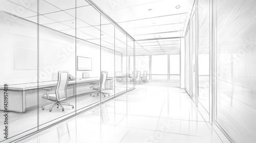 Modern office interior design sketch, showcasing a sleek and spacious layout.